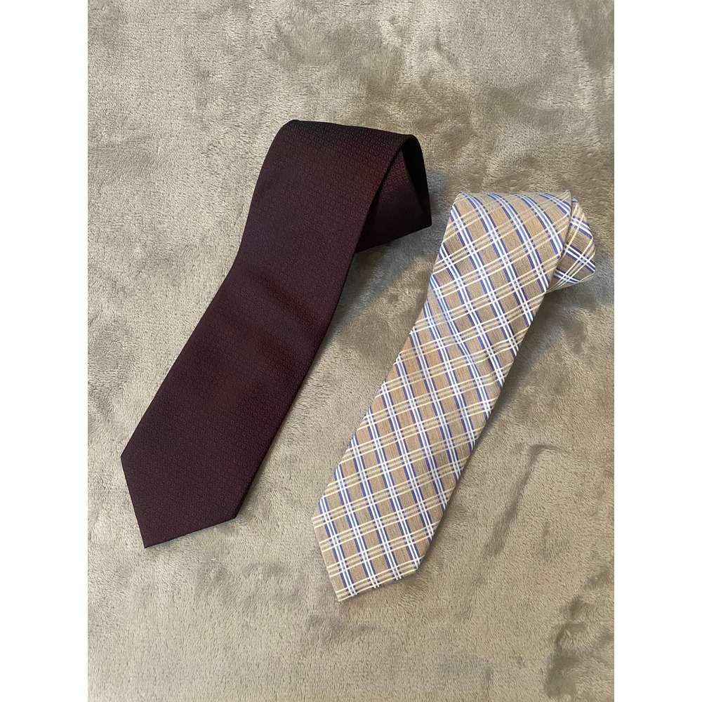 Pronto Uomo Necktie Bundle Mens OS Burgundy Silk Plaid Platinum Tan Blue 2 Pack